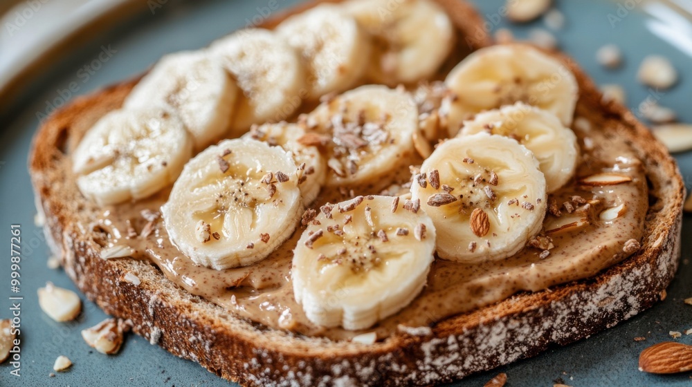 A slice of whole grain toast topped with peanut butter, banana slices, and sprinkled oats, served on a blue plate. A slice of whole grain toast topped with peanut butter, banana slices, and sprinkled oats, served on a blue plate.