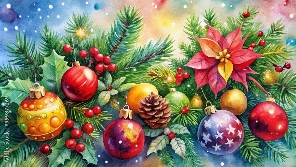 Beautiful Watercolor Christmas Card Design with Festive Elements and Holiday Cheerful Colors Beautiful Watercolor Christmas Card Design with Festive Elements and Holiday Cheerful Colors