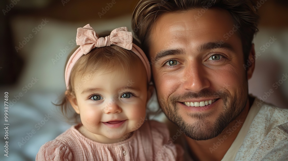 cheerful young father with small daughter indoors in bedroom playing cheerful young father with small daughter indoors in bedroom playing