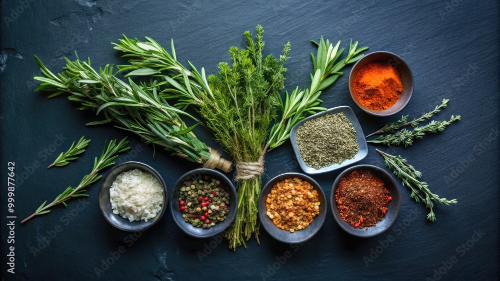 Fresh herbs and spices neatly arranged on a dark table. Fresh herbs and spices neatly arranged on a dark table.