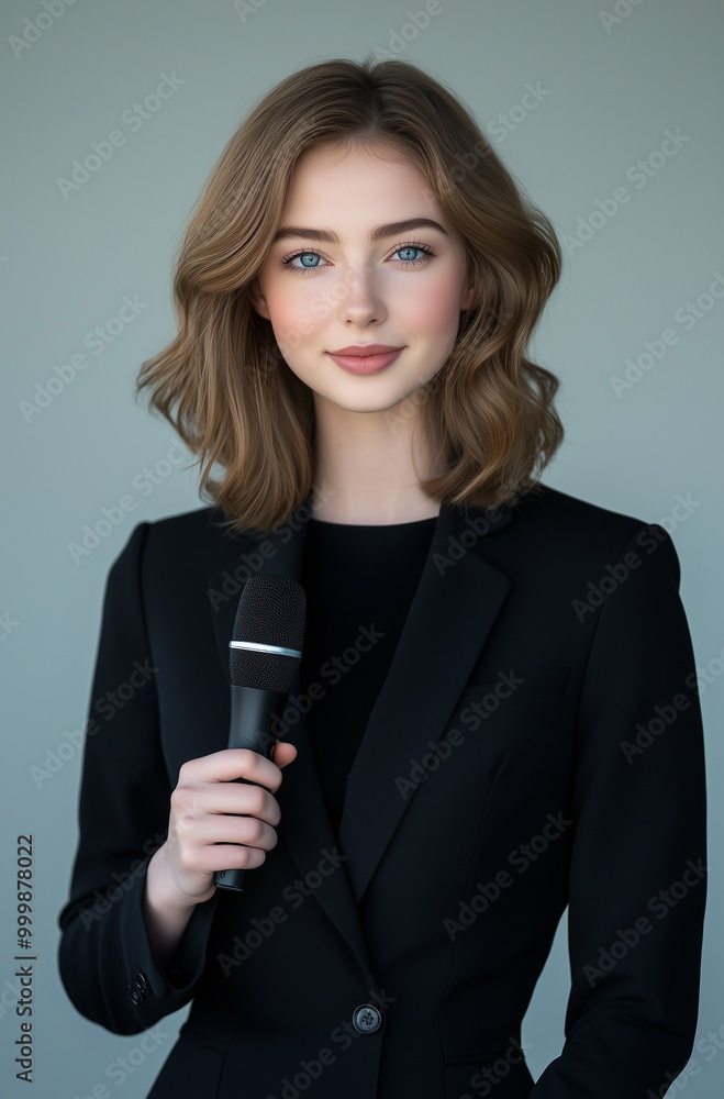 Photo of a beautiful female journalist in a black suit with a microphone Photo of a beautiful female journalist in a black suit with a microphone