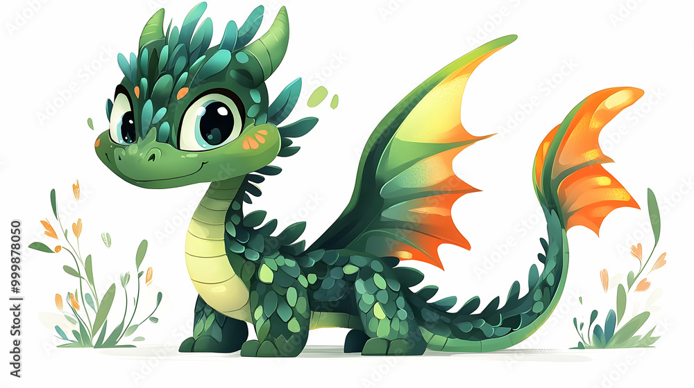 Naklejka premium Cute Green Dragon with Orange Wings and Flowers