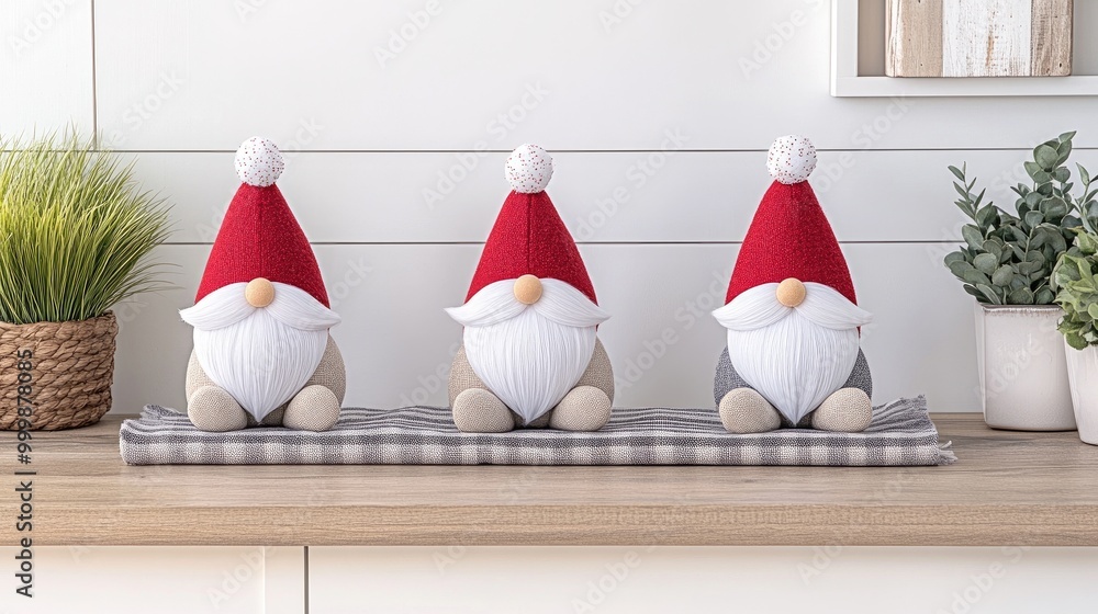 Fototapeta premium Charming Christmas gnomes with white beards and sparkling red hats on a lovely plaid cloth in a sunlit room setting