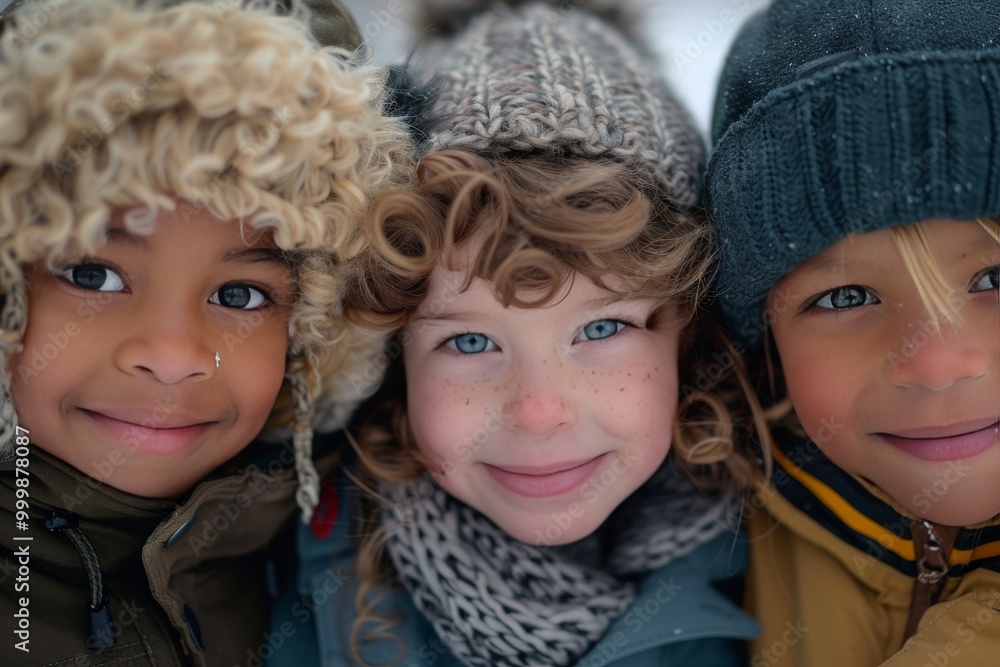 Three young children of different races, with dark skin and blonde curly hair Three young children of different races, with dark skin and blonde curly hair