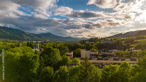 aerial view of the city of Zakopane and the city around in the evening in Poland at sunset