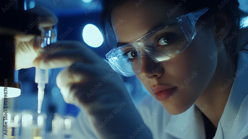 A woman in a modern research lab working with a glass vial and a pipette, conducting an experiment related to medical study and drug development A woman in a modern research lab working with a glass vial and a pipette, conducting an experiment related to medical study and drug development