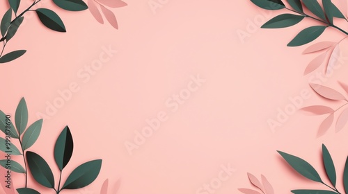 Pink and Green Paper Leaves on a Peach Background  Minimalist Nature Design