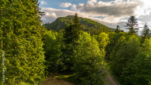 aerial view of the city of Zakopane and the city around in the evening in Poland at sunset