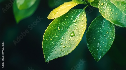 Close up of green leaves with glistening dew drops, showcasing the beauty of nature.