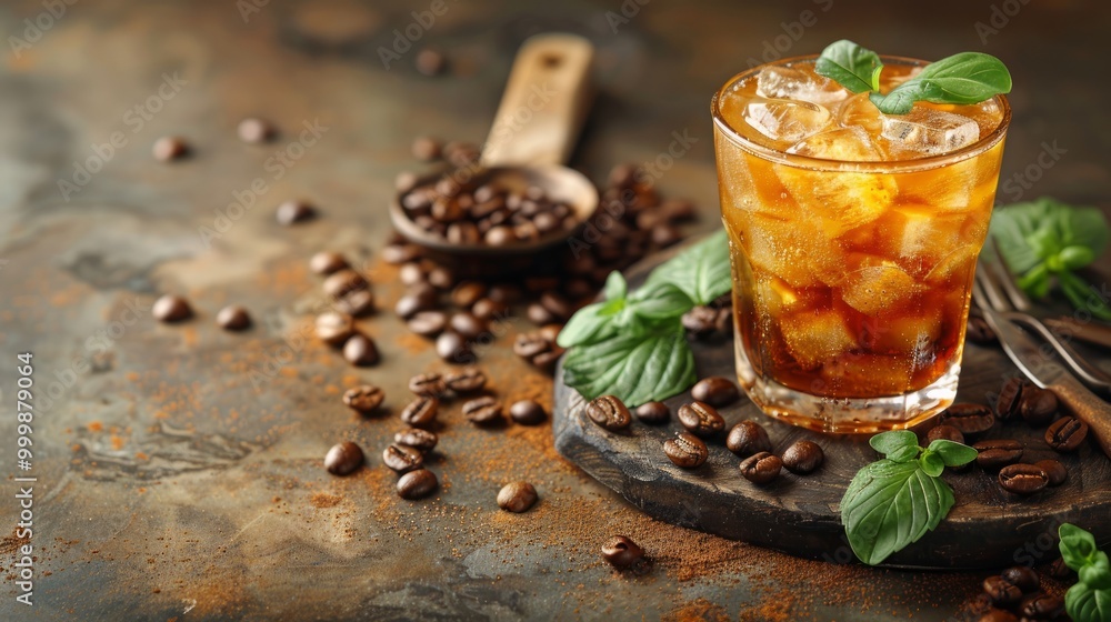 Ice coffee in frozen glass and coffee beans on a old brown table with kitchen utensils. Copy space. Ice coffee in frozen glass and coffee beans on a old brown table with kitchen utensils. Copy space.