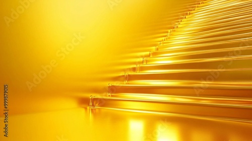Dynamic 3D concept of golden stairs ascending from a base platform towards a glowing peak symbolizing the journey to success Large space for text in center Stock Photo with copy space