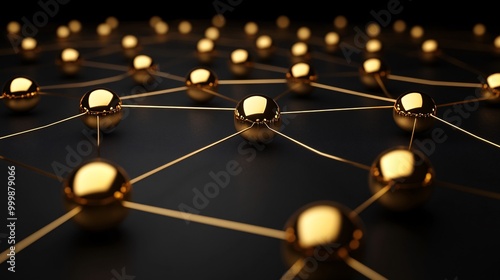 Abstract 3D network of golden spheres and connecting lines representing successful teamwork and innovation Large space for text in center Stock Photo with copy space