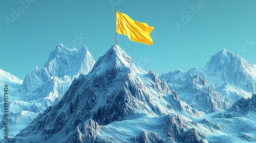 Abstract 3D mountain peak with a golden flag planted on the summit representing reaching the ultimate goal of success Large space for text in center Stock Photo with copy space