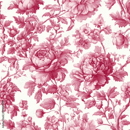 Romantic Pink Floral Toile de Jouy: A Seamless Pattern