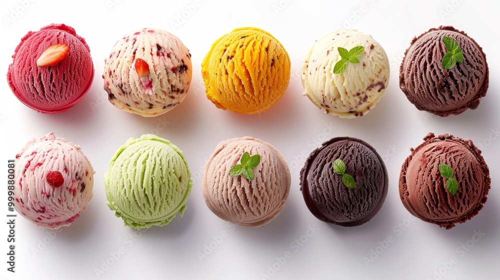 Ice cream scoop ball with fruits toppings on white background cutout. Many assorted different flavour Mockup template for artwork design Ice cream scoop ball with fruits toppings on white background cutout. Many assorted different flavour Mockup template for artwork design