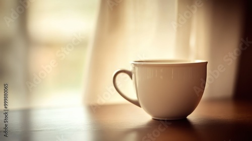 A white cup of coffee or tea sits on a wooden table near a window with soft sunlight streaming in. The cup is steaming, creating a feeling of warmth and comfort.