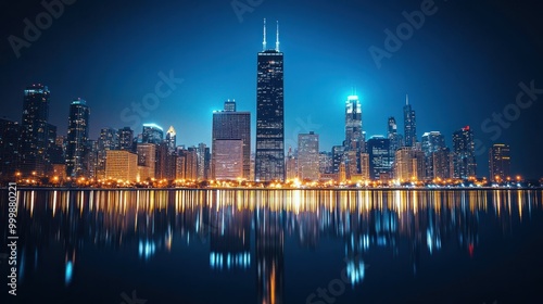 A stunning view of the Chicago skyline at night, with its towering skyscrapers reflected in the calm waters of Lake Michigan. The city's lights create a dazzling display against the dark sky.