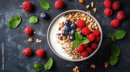 Wallpaper Mural A beautiful flat lay of a healthy breakfast bowl featuring yogurt topped with granola, nuts, and fresh berries, emphasizing a nutritious and colorful start to the day. Torontodigital.ca