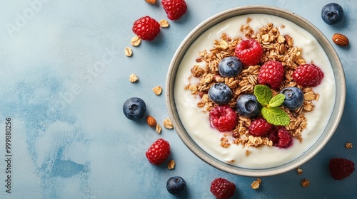 A beautiful flat lay of a healthy breakfast bowl featuring yogurt topped with granola, nuts, and fresh berries, emphasizing a nutritious and colorful start to the day.