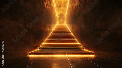 Abstract 3D staircase made of golden blocks leading to a glowing peak representing success and career advancement Large space for text in center Stock Photo with copy space