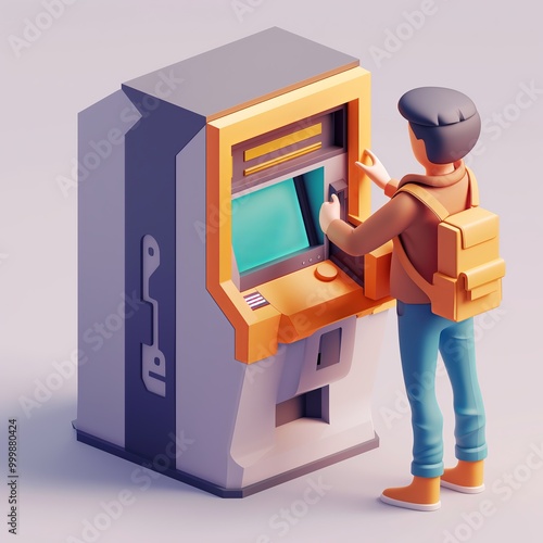 3d icon isometric view of Person using a cashmachine photo