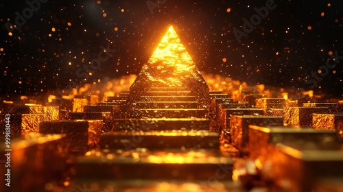 Abstract 3D staircase made of golden blocks leading to a glowing peak representing success and career advancement Large space for text in center Stock Photo with copy space