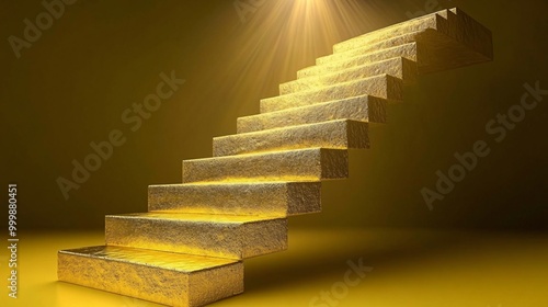Abstract 3D staircase made of golden blocks leading to a glowing peak representing success and career advancement Large space for text in center Stock Photo with copy space