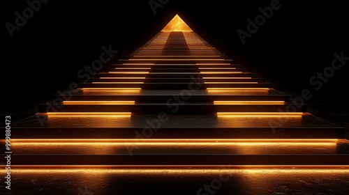 Abstract 3D staircase made of golden blocks leading to a glowing peak representing success and career advancement Large space for text in center Stock Photo with copy space