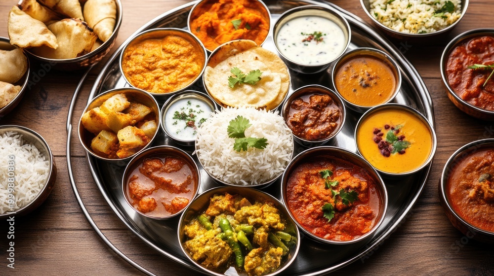A beautifully arranged thali featuring an assortment of Indian dishes, including curries, rice, and pickles, showcasing the balance and variety in Indian dining. A beautifully arranged thali featuring an assortment of Indian dishes, including curries, rice, and pickles, showcasing the balance and variety in Indian dining.