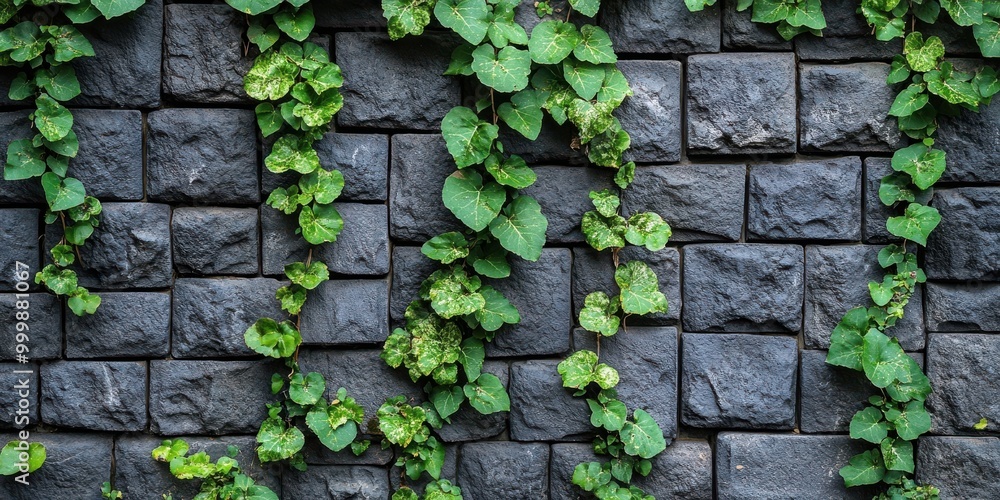 A vibrant tapestry of emerald green vines weaves its way across a rugged, dark gray stone wall, creating a captivating contrast of textures and colors A vibrant tapestry of emerald green vines weaves its way across a rugged, dark gray stone wall, creating a captivating contrast of textures and colors