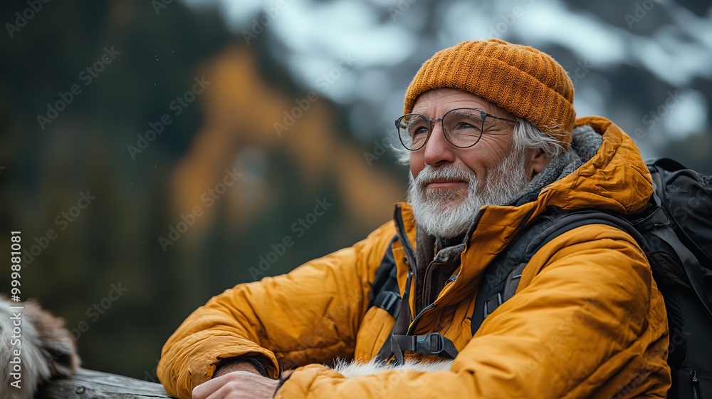 elderly couple feeding goat behind wooden railing during hike in mountains senior tourists resting enjoying view elderly couple feeding goat behind wooden railing during hike in mountains senior tourists resting enjoying view