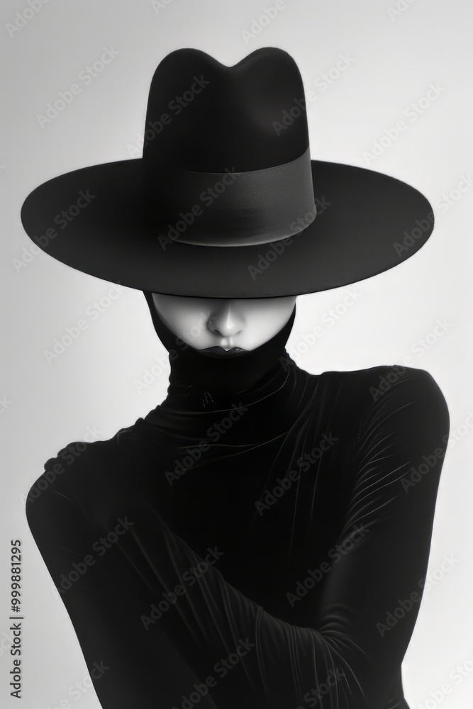 Mysterious woman in a wide-brimmed hat and all-black attire, exuding minimalist elegance Mysterious woman in a wide-brimmed hat and all-black attire, exuding minimalist elegance