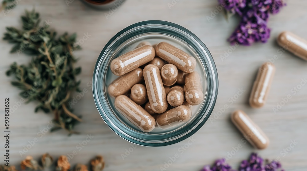 Herbal Supplements in Glass Jar on Wooden Table Herbal Supplements in Glass Jar on Wooden Table