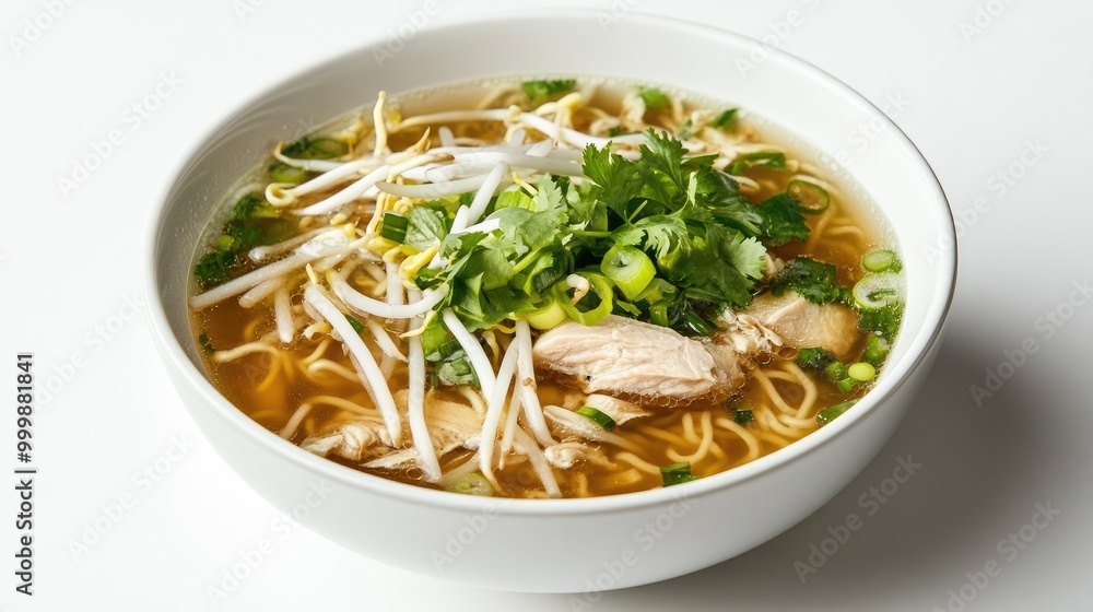 A bowl of clear broth noodle soup with chicken, green onions, and bean sprouts, presented against a white background for a clean and fresh aesthetic. A bowl of clear broth noodle soup with chicken, green onions, and bean sprouts, presented against a white background for a clean and fresh aesthetic.