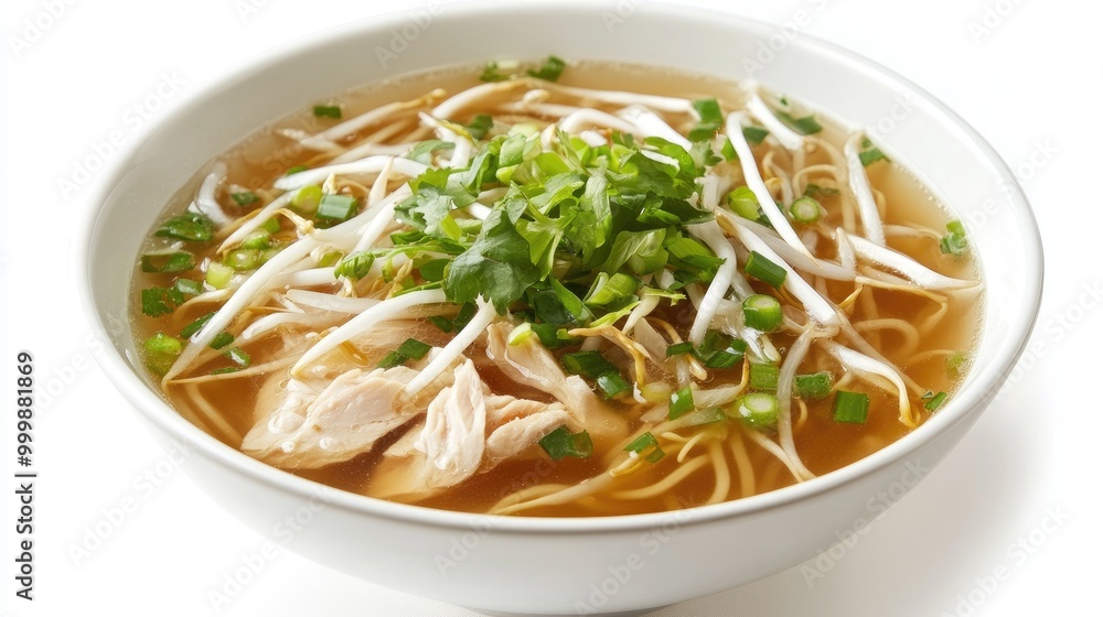 A bowl of clear broth noodle soup with chicken, green onions, and bean sprouts, presented against a white background for a clean and fresh aesthetic. A bowl of clear broth noodle soup with chicken, green onions, and bean sprouts, presented against a white background for a clean and fresh aesthetic.