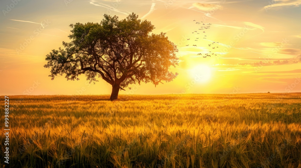 Solitary Tree in a Golden Field at Sunset Solitary Tree in a Golden Field at Sunset