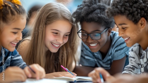 A group of diverse students laugh together while working in a classroom.