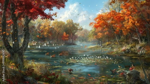 Tranquil Autumn Scene with Birds and a Serene Lake