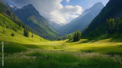 A picturesque valley with lush green fields and towering mountains in the background.