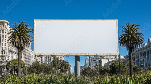 A blank billboard overlooking Union Square San Francisco capturing the vibrancy of the area with surrounding boutiques palm trees and historic buildings Large space for text in center Stock Photo