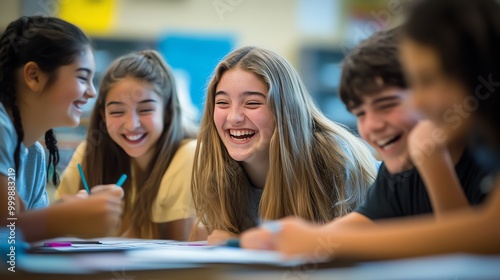 A group of teenagers laugh together in a classroom.