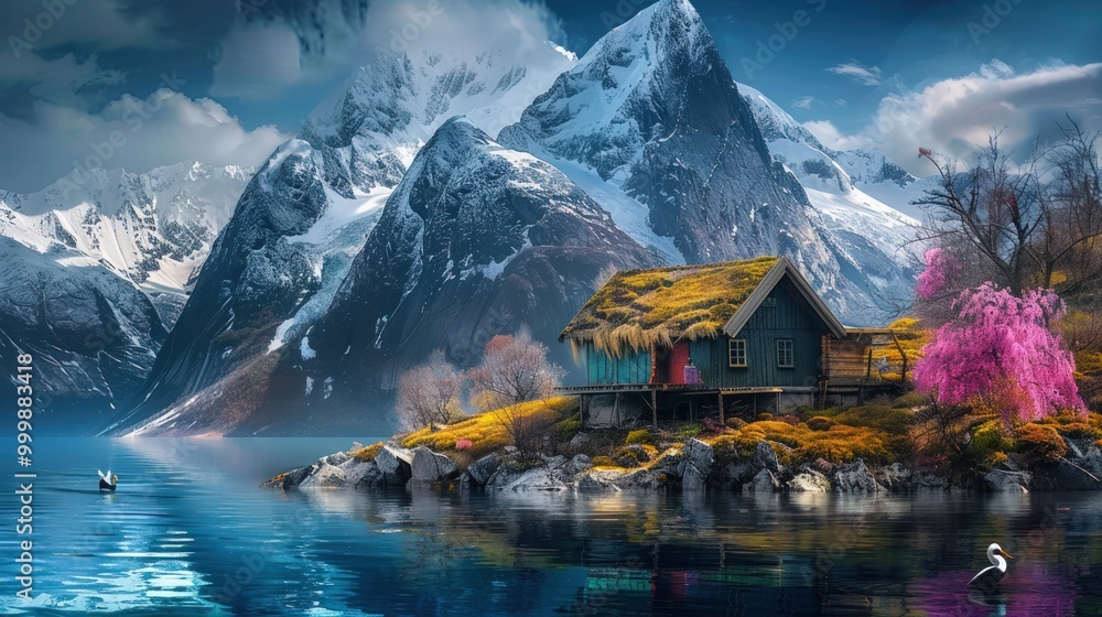 Fototapeta premium Secluded Cabin Nestled Amidst Majestic Mountains