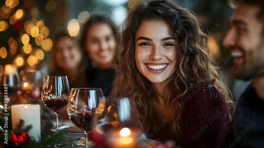 Smiling Woman Enjoying a Festive Dinner with Friends Smiling Woman Enjoying a Festive Dinner with Friends