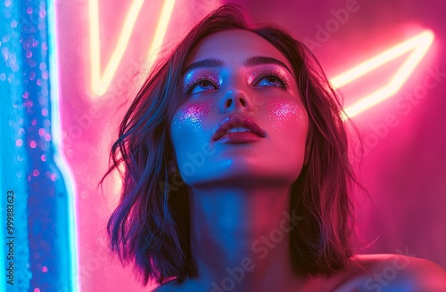 Woman bathed in neon pink and blue light, looking up