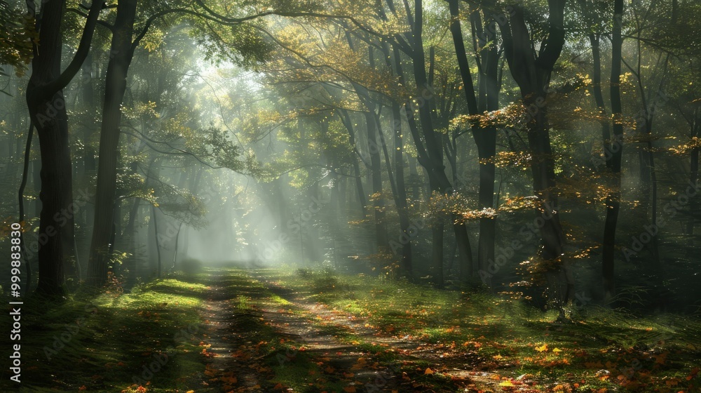 Naklejka premium Sunbeams Through the Mist in Autumn Forest