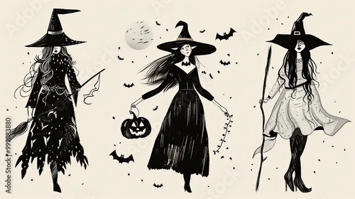 Hand drawn halloween witches collection, Halloween elements, Happy Halloween