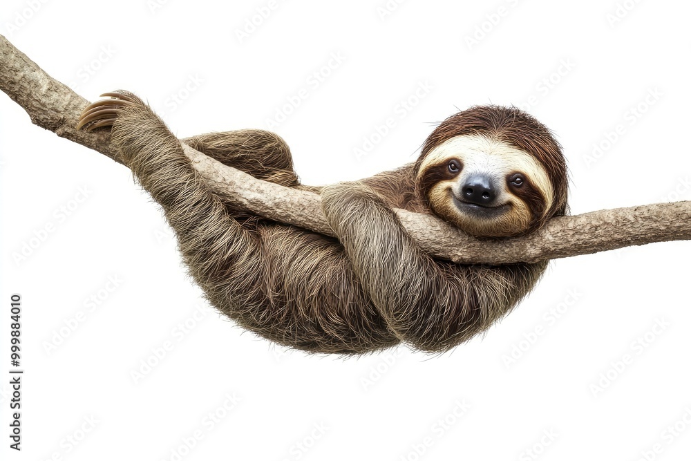Fototapeta premium Sloth, Animal of Costa Rica on white background, isolated, funny animal hanging on tree branch scratching belly, generative ai
