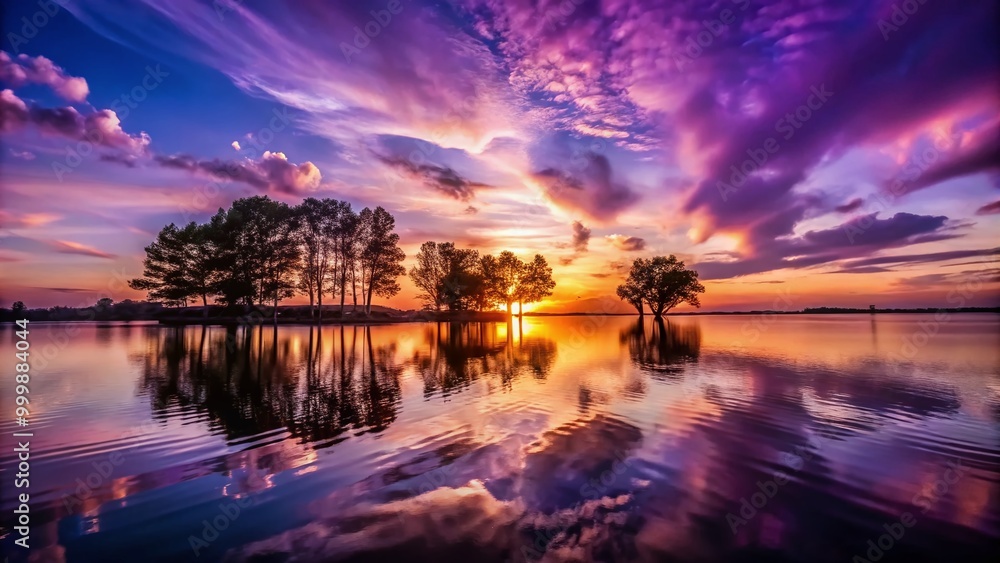 Fototapeta premium Breathtaking Purple Sunset Aesthetic Over Calm Waters with Silhouetted Trees and Soft Clouds