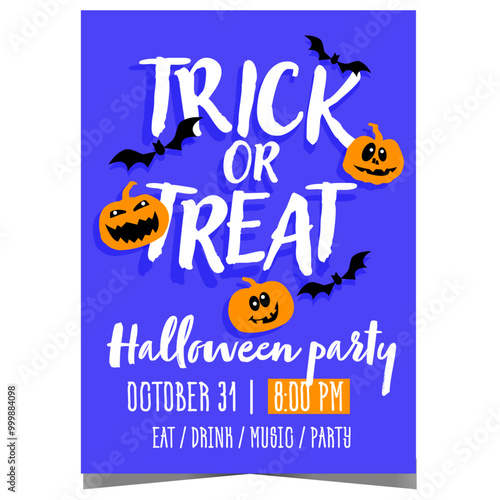 Trick or treat Halloween party invitation poster or banner with scary faced pumpkins and spooky flying bats. Vector leaflet or flyer template to invite for celebration of All Saints' Day.