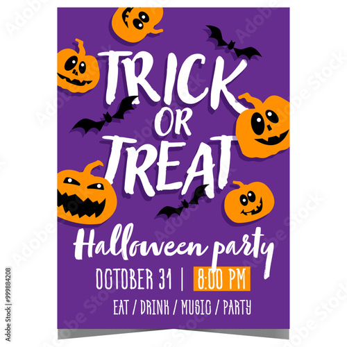 Trick or treat Halloween party banner, leaflet or flyer with pumpkins and bats to invite friends to celebrate the All Saints' Day. Vector designs template ready for web or to print.